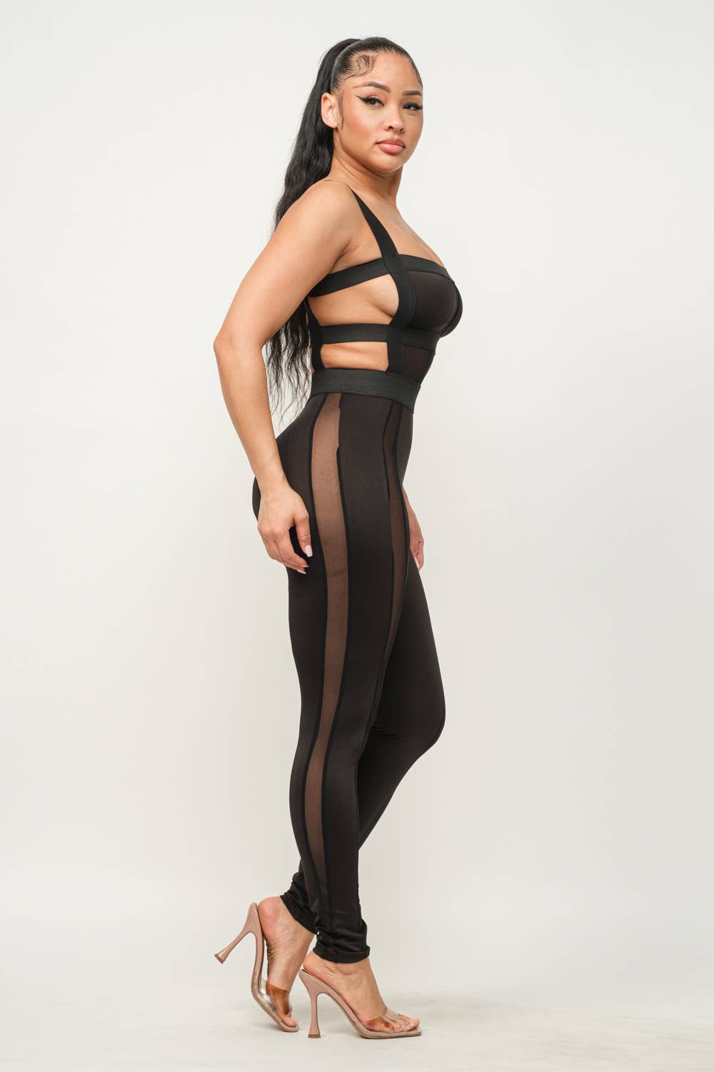 Shiny Yoga Fabric Contrast Mesh Open Back Jumpsuit