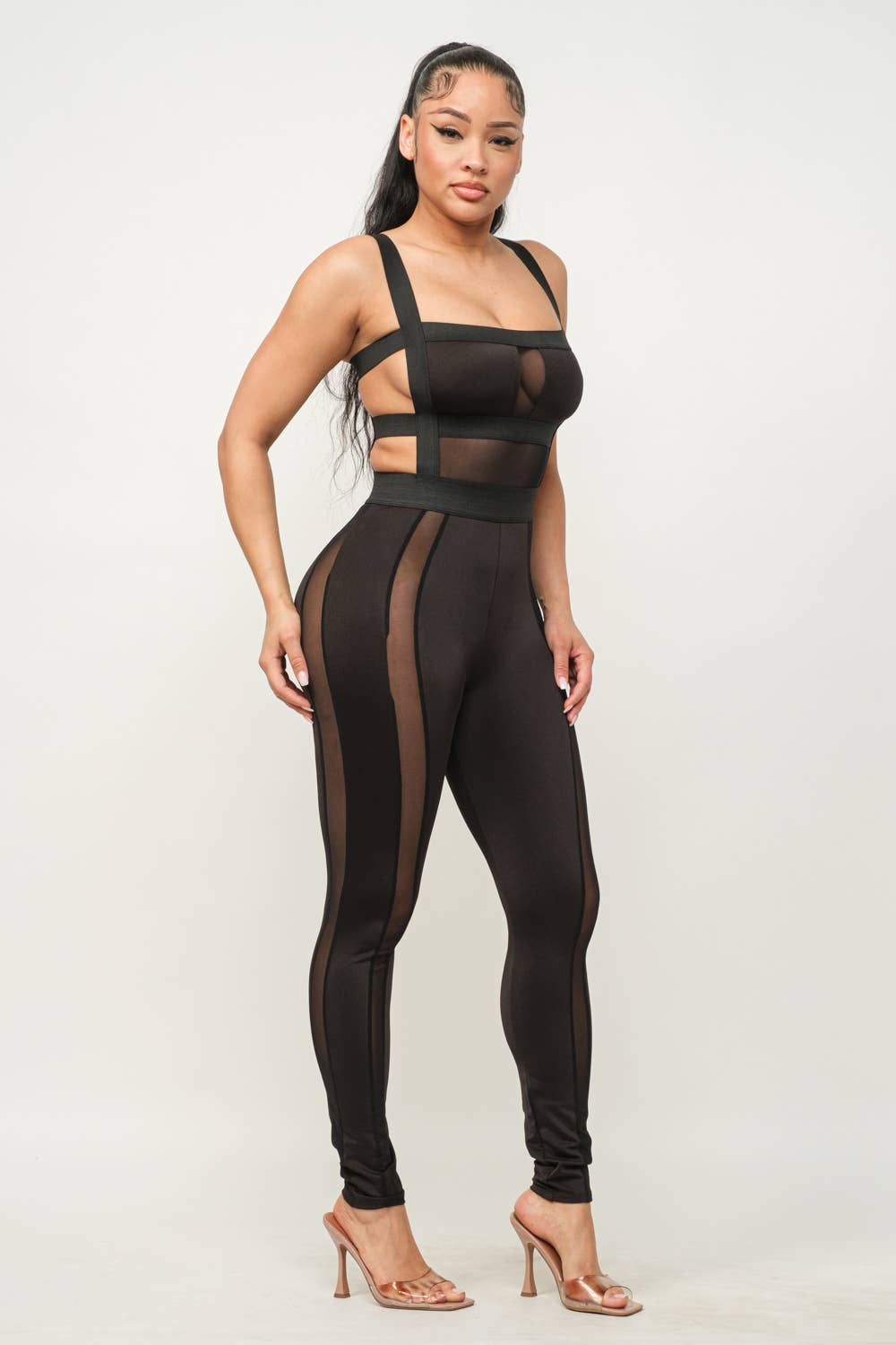 Shiny Yoga Fabric Contrast Mesh Open Back Jumpsuit