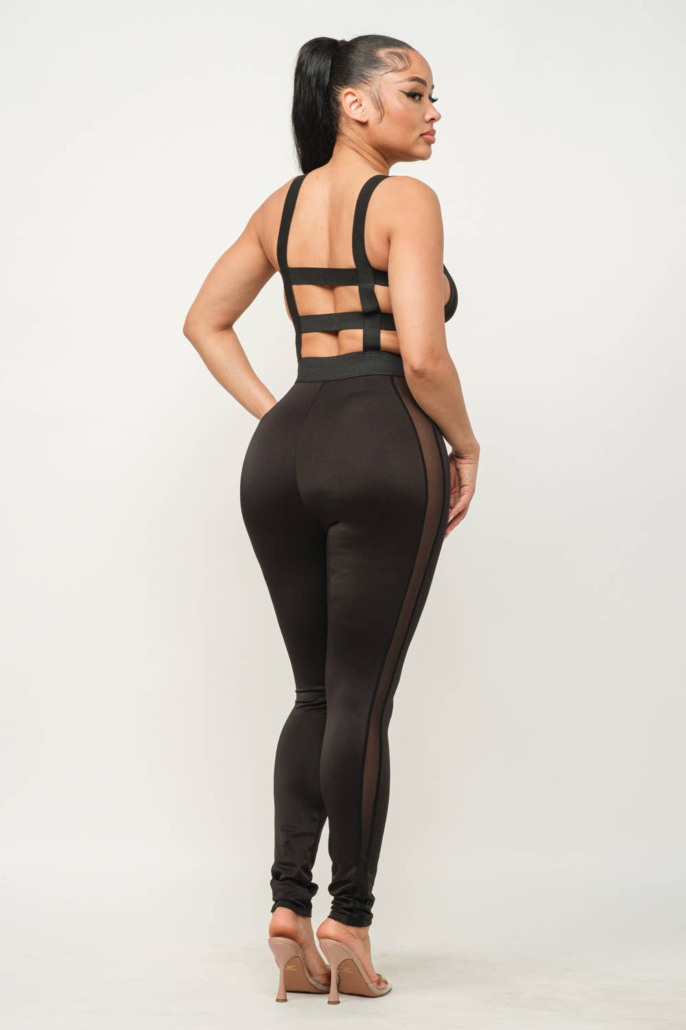 Shiny Yoga Fabric Contrast Mesh Open Back Jumpsuit