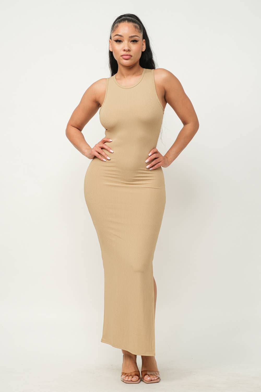 Solid Sleeveless Side Slit Bodycon Dress