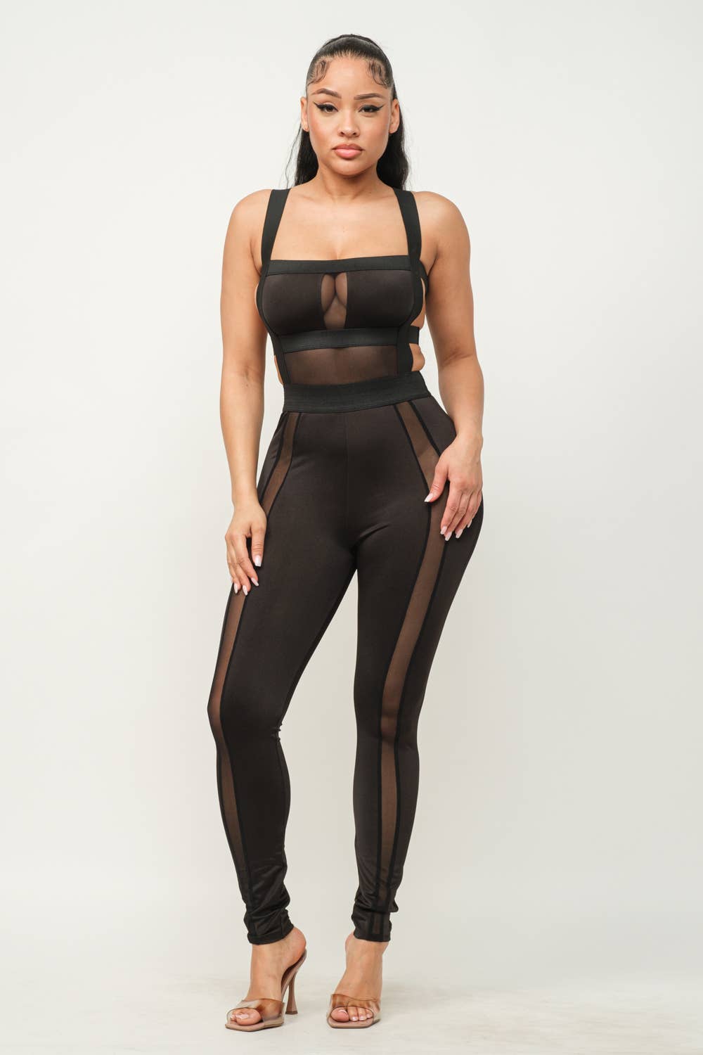 Shiny Yoga Fabric Contrast Mesh Open Back Jumpsuit