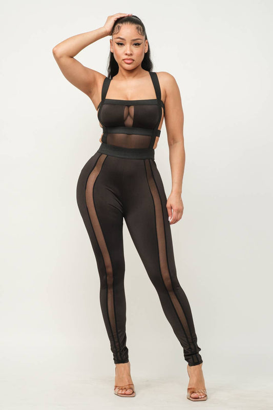 Shiny Yoga Fabric Contrast Mesh Open Back Jumpsuit